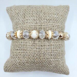 Elegant 6-Inch Glass Bead Stretch Bracelet With White & Gold Color Accents Perfe